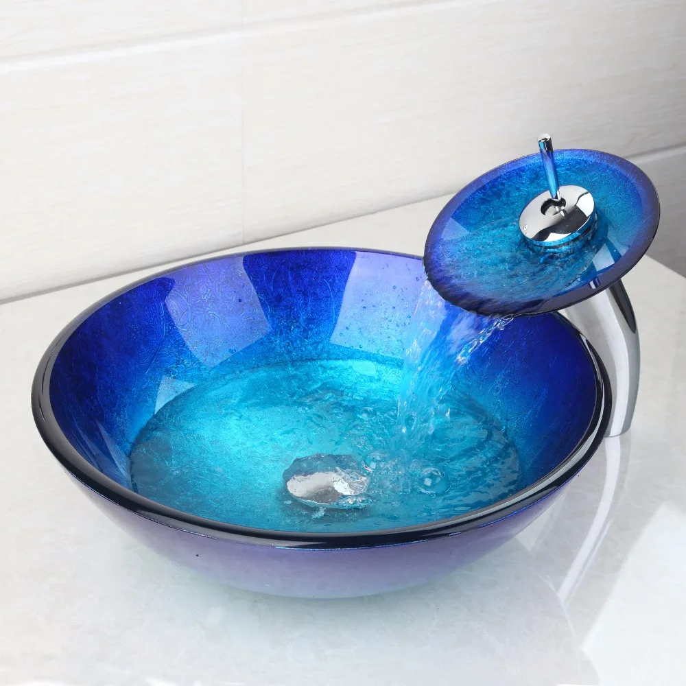 ZAPPO Bule Tempered Glass Bathroom Vessel Sink Bowl Sink for Bathroom with Faucet Tap Combo Deck Mounted Basin Sinks 5
