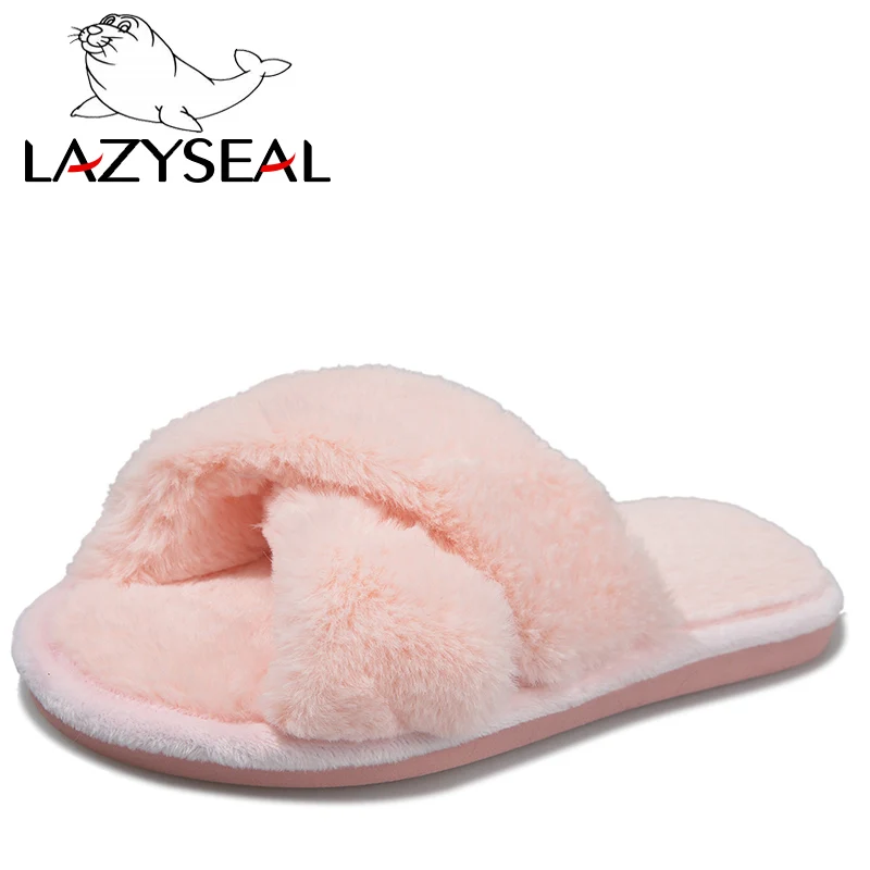 LazySeal/ г. Зимние домашние теплые меховые тапочки женская обувь женские домашние тапочки леопардовые женские шлепанцы теплая Домашняя обувь для женщин - Цвет: Pink - Solid color