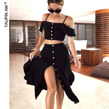

TAUPIN AM Sexy Strapless Two Piece Set Solid Button Bodycon Short Sleeve Top And Skirt Summer Skirt Set Backless Female Clothes