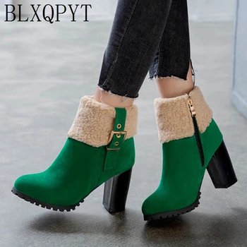 

BLXQPYT 2019 Big Size 33-50 Winter warm snow Ankle Boots Women Round Toe zip High Heels 9cm Pumps Party Wedding Shoes woman t3-5