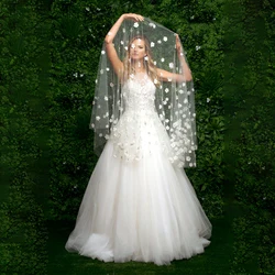 Handmade Pearl Flowers Bridal Veils Cover Front and Back Drop Style Cathedral Wedding Veil with Blusher Bridal Applique