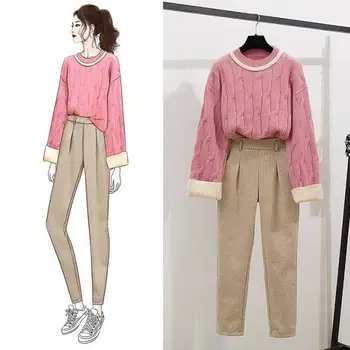 

Women 2020 New Autumn Winter Fashion Casual Two Pieces Set Female Long Sleeve Knitted Pullover Sweater+Long Wool Pants Suit N204