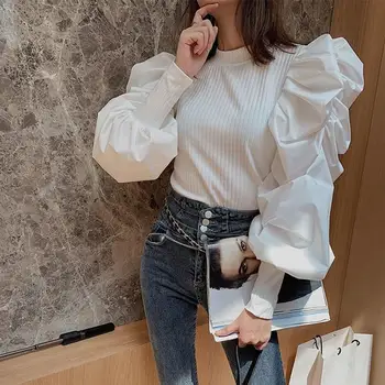 

New Designer Puff Sleeve Patchwork Sweater Autumn Women Sweetwear Long Sleeve Solid Slim Knitted Pullover