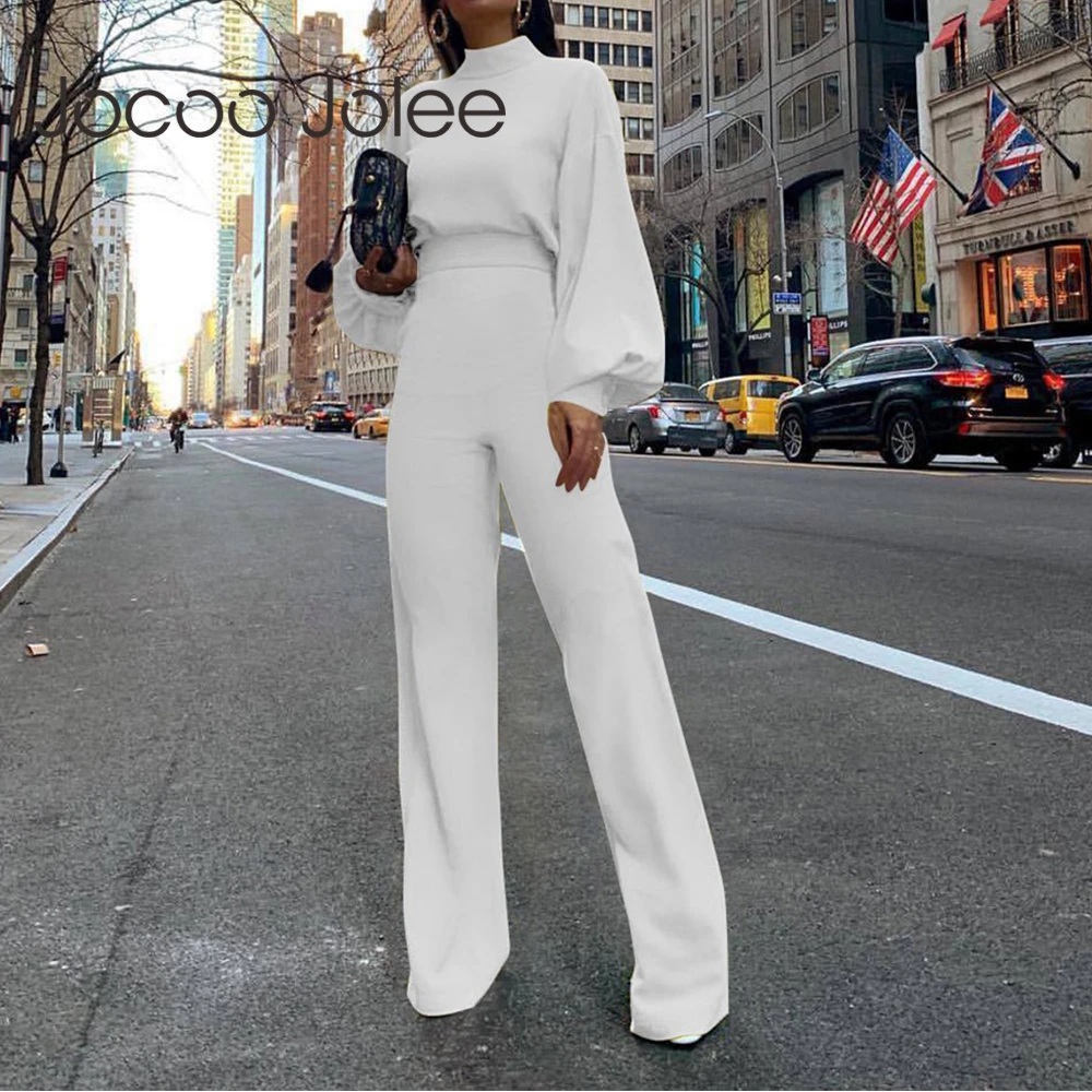 

Jocoo Jolee Women Fashion Lantern Sleeve Turtleneck Jumpsuit Office Lady Elegant Style High Waist Solid Wide Leg Jumpsuits 2019