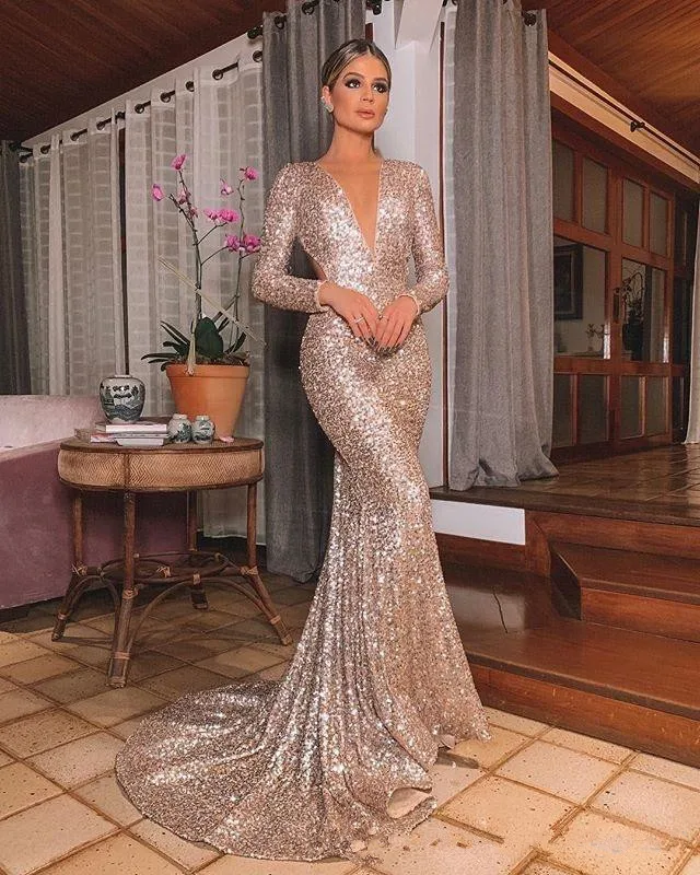 

Evening Dresses Long Shinny 2020 New Open Neck Women Elegant Straps Sequin Mermaid Maxi Prom Gown evening Dress abendkleider