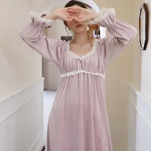 Flannel Night Dress Women Autumn Winter Long Sleeve Romantic Nightgown Vintage Victorian Peignoir Velvet Robe Princess Sleepwear