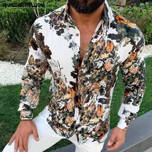 INCERUN, мужские винтажные рубашки с цветочным принтом, Осенние, мужские, элегантные, с длинным рукавом, с отворотом, модные, на пуговицах, повседневные, мужские блузки, уличная одежда