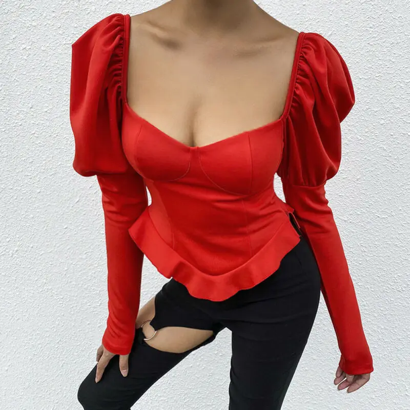 Women Ladies Solid Long Sleeve T-shirts Puff Sleeve Square Neck Slim Bodycon Slim Sexy Casual Pullovers Tops