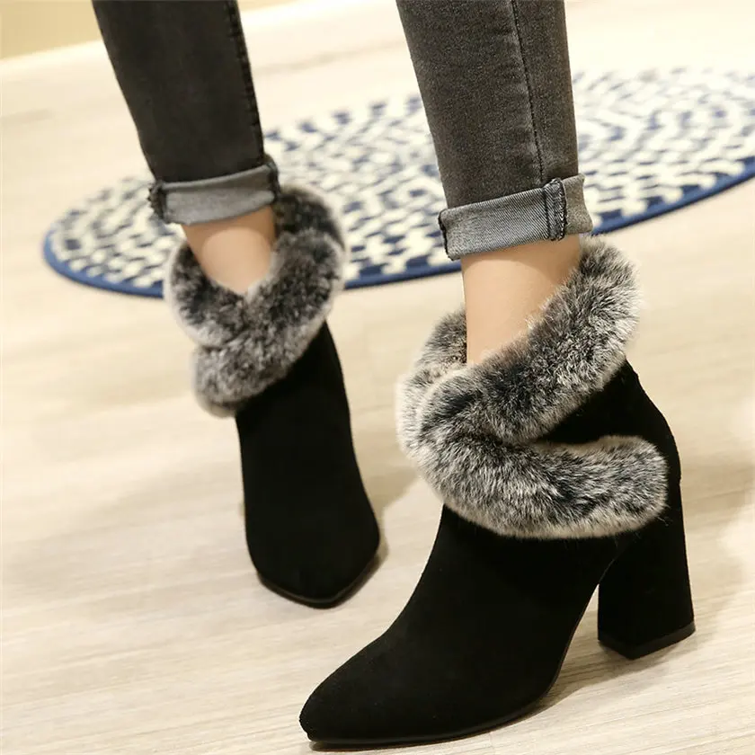 

2020 Rabbit Fur Winter Pumps Women Genuine Leather Chunky High Heels Snow Boots Female Pointed Toe Warm Ankle Boots Casual Shoes