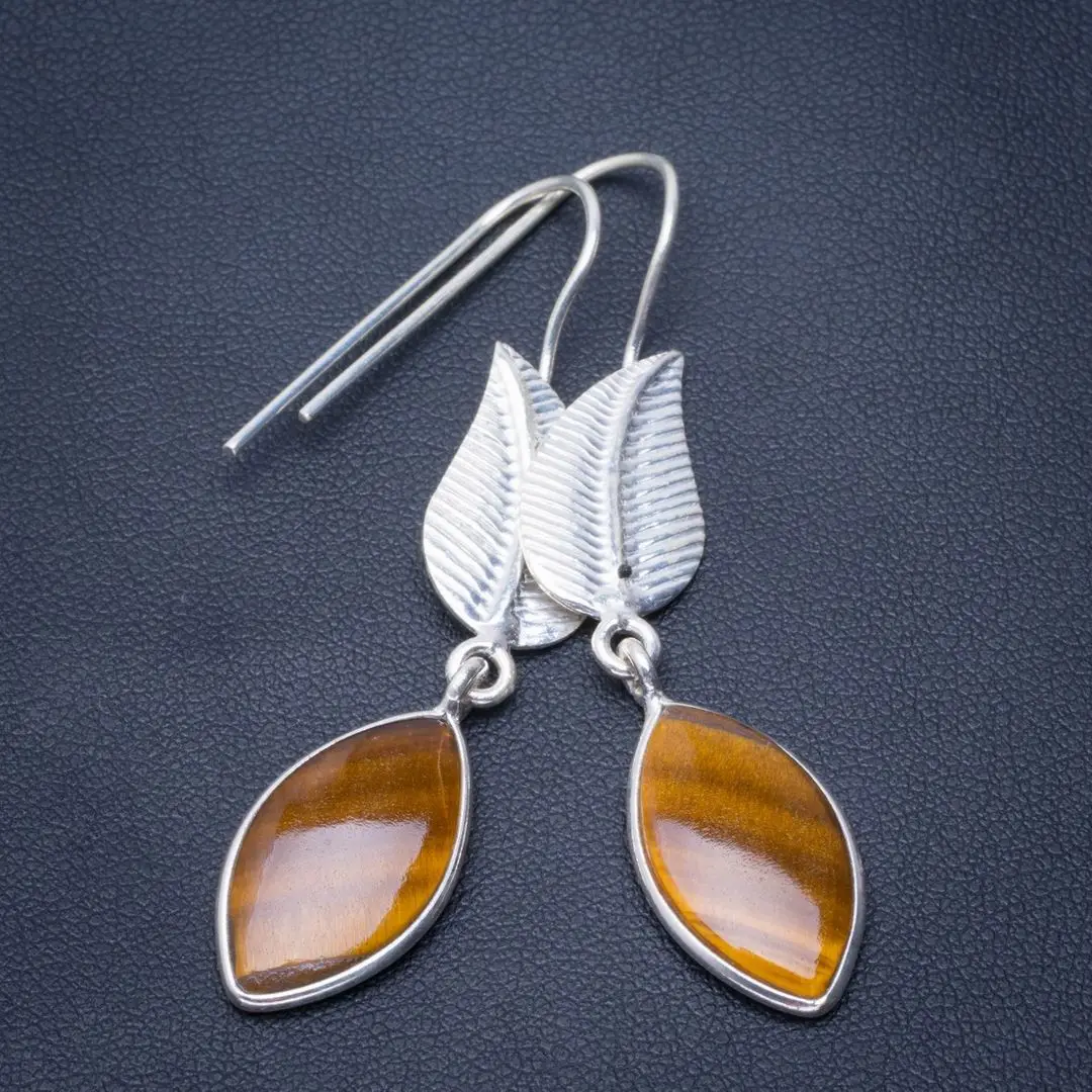

Natural Tiger Eye Handmade Unique Leaf 925 Sterling Silver Earrings 2.25" B2364