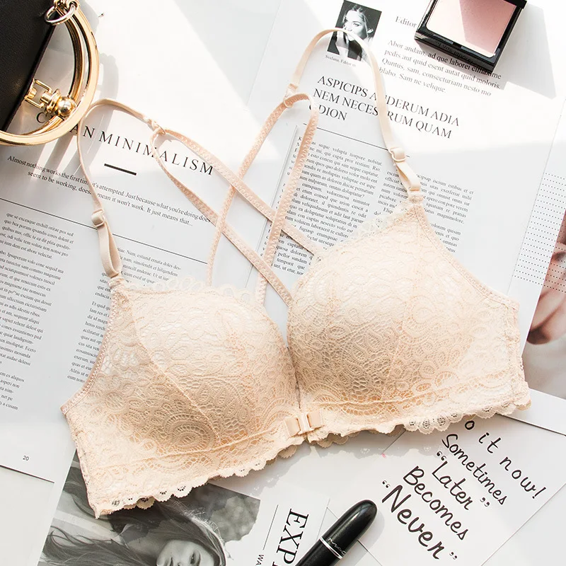 Roseheart For Women  Black Skin Wireless Front Closure Bras Push Up Female Lace Backless Cross Back Bras Bralette underwear