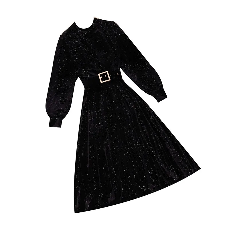 Spring New Women Dresss O Neck Lantern Sleeve Sequined High Waist Belt Dress Blingbling Female Elegant Party Dresses