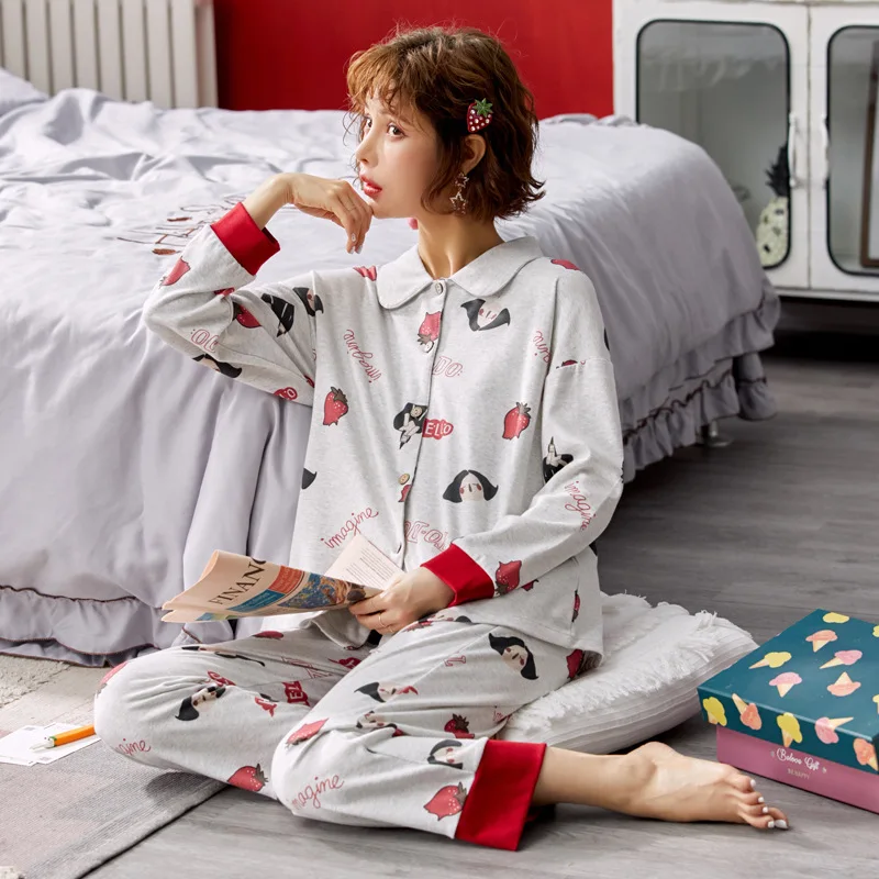 

6613 # Strawberry Girl TT Cardigan Pure Cotton Long Sleeve Sweet INS Princess Style Pajamas Tracksuit Two-Piece Set