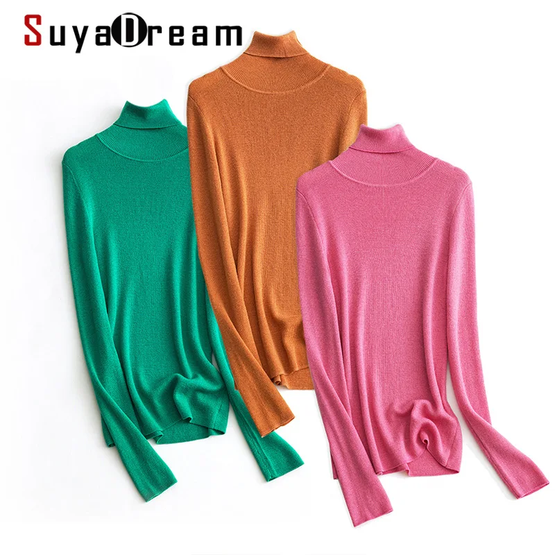 SuyaDream Woman Wool Blend Turtleneck Pullovers Slim Rib knits Sweaters 2021 Fall Winter Top | Женская одежда