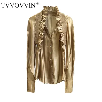 

TVVOVVIN Patchwork Ruffles Women V-neck Shirt Woman Blouses Shirts Irregular Vintage Casual Female Blouses Women 2020 Tops L4CR