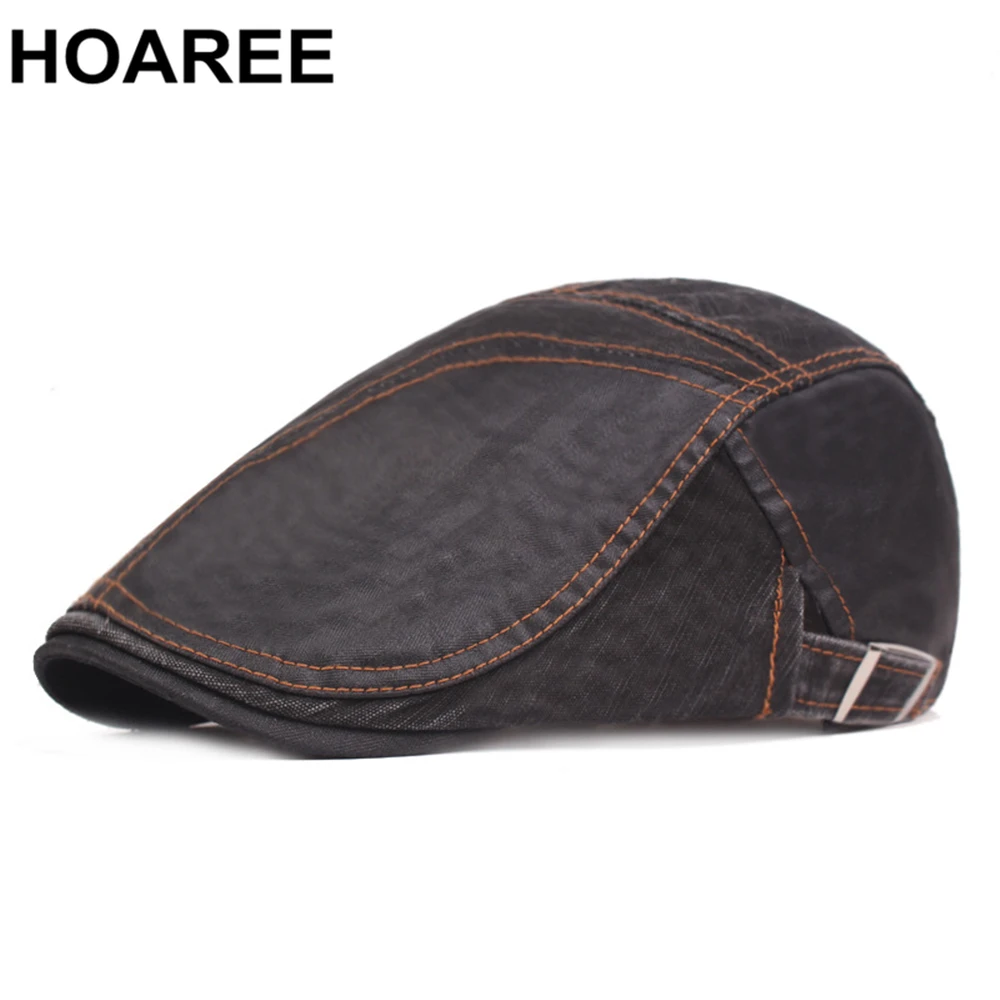 

HOAREE Black Mens Beret Cotton Patchwork Flat Cap Adjustable Visors Male British Style Vintage Newsboy Driving Hat