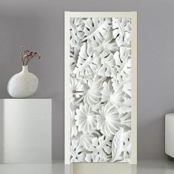 

Door Sticker Self-Adhesive 3D Stereo White Leaf Gypsum Pattern Wallpapers Living Room Bedroom Home Decor PVC Waterproof Stickers