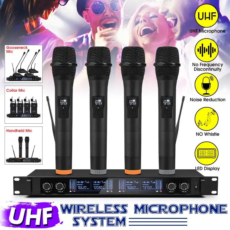 

Professional UHF 4 Channels Wireless Handheld Microphone System Mic for Stage Performances Church Family Party Karaoke Meeting
