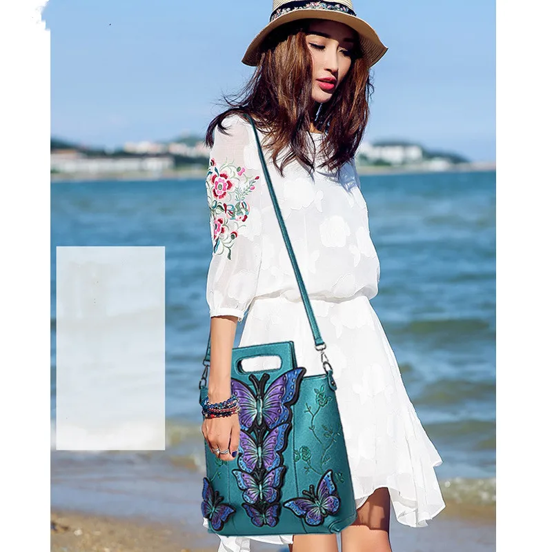 Women New Fashion Large Capacity National Style Butterfly Embroidery Painted Tote ShoulderBag Evening Bags Party Daily