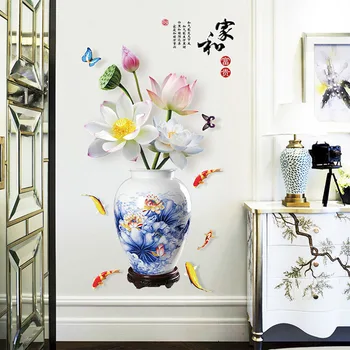 

Blue and White Porcelain Lotus Wall Sticker Home Decoration Chinese Style Classical Vinyl art Mural Decals
