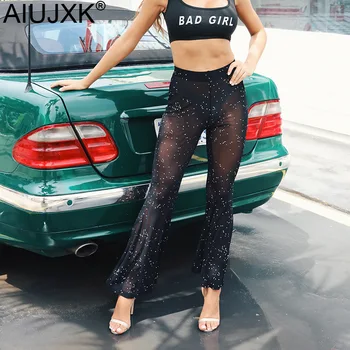 

AIUJXK Summer Sequin Mesh Wide Leg Pants Women Streetwear High Waist Sexy See Through Trousers Female Clubwear Bottoms