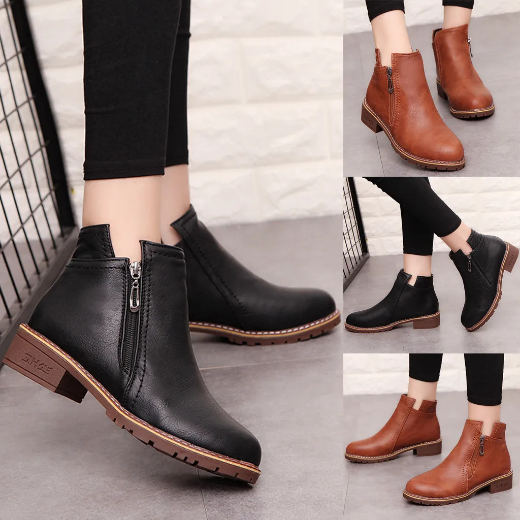 Botas cortas de mujer de moda cuadradas con cremallera lateral alto botas  casuales zapatos de señora zapatos de mujer ботинки Boots botas de mujer #  E30|Botas hasta el tobillo| - AliExpress