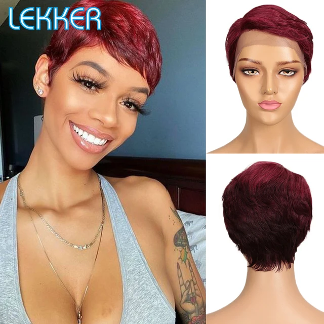 Lekker Short Pixie Bob T Part Lace Human Hair Wig For Women Natural Pre Plucked Glueless Ombre Burgundy Brazilian Remy 613 Wigs DMLD99J-425