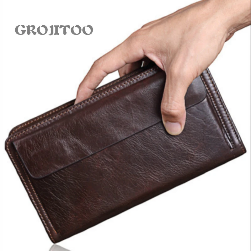 

GROJITOO Geniune Leather business men's Wallet multi-card Men's handbag genuine leather large capacity zipper mobile phone bag