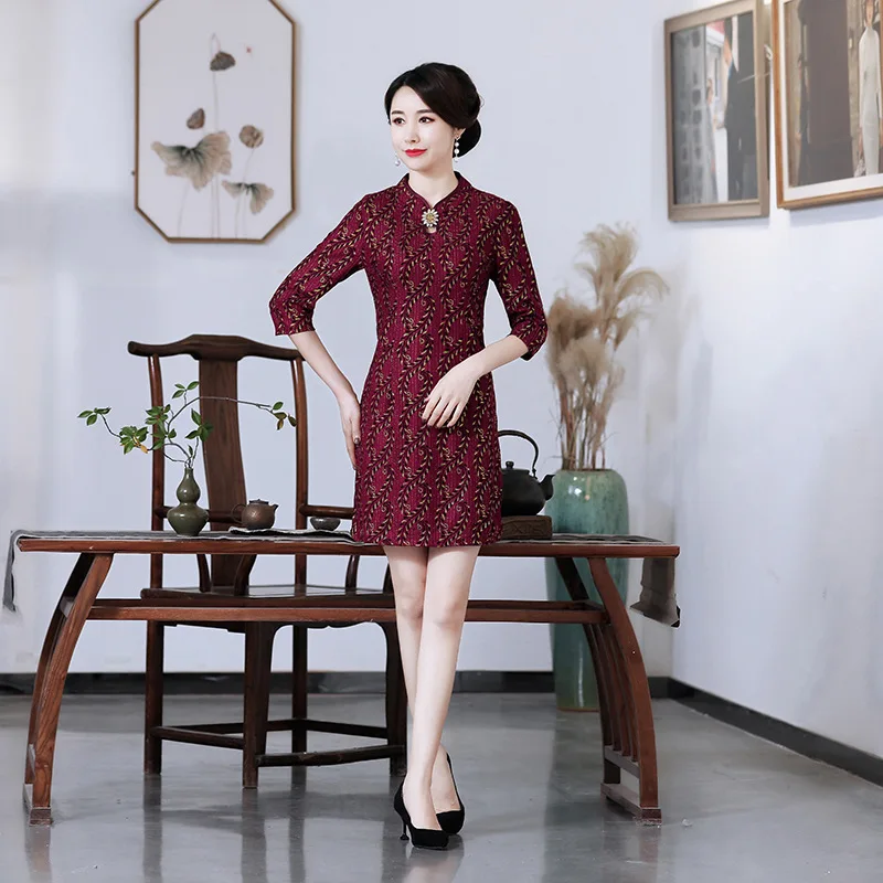 

Cheongsam Style Dress Chinese-style 2019 New Style Spring And Autumn Korean-style Mid-length Slimming Printed Retro Skirt Women'