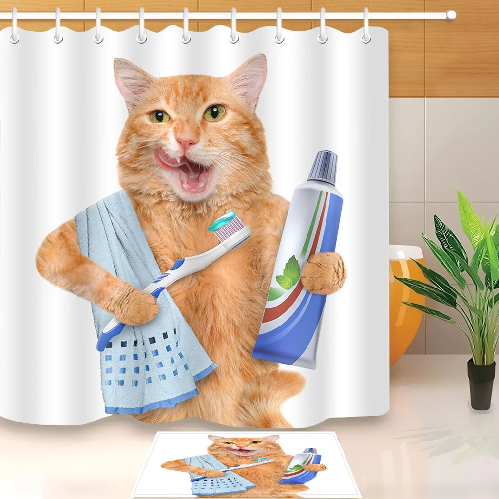 

Cute Cat 3D Printed Shower Curtain Waterproof Polyester Fabric Bath Curtain for Bathroom Curtain Decoration 180cm with 12 Hooks