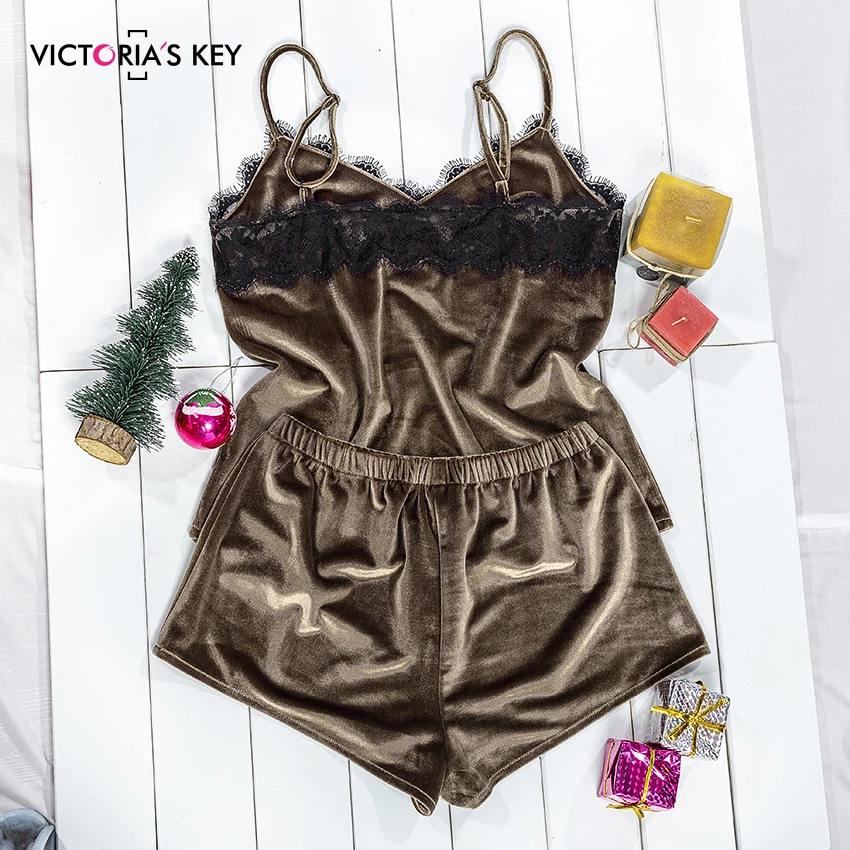VICTORIA'S KEY осень зима бархатные топики топ с коричневыми шортами двухкомпонентный женский пижамный комплект без рукавов Кружевное Женское ночное белье