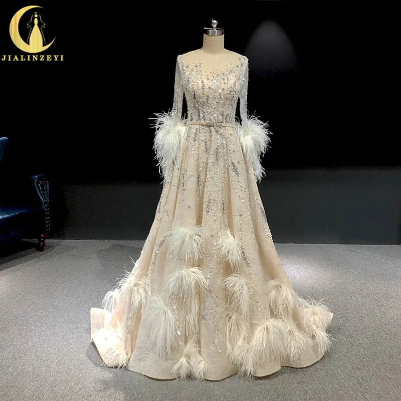 Настоящее изображение, длинные рукава, с перьями, с кристаллами, а-силуэт, высокое качество, горячая Распродажа, формальные модные платья, вечерние платья