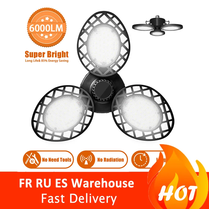 

2020 New UFO LED Garage Light AC85-265V E26/E27 60W Garage Lamp Waterproof Deformable Industrial Lighting Workshop Light