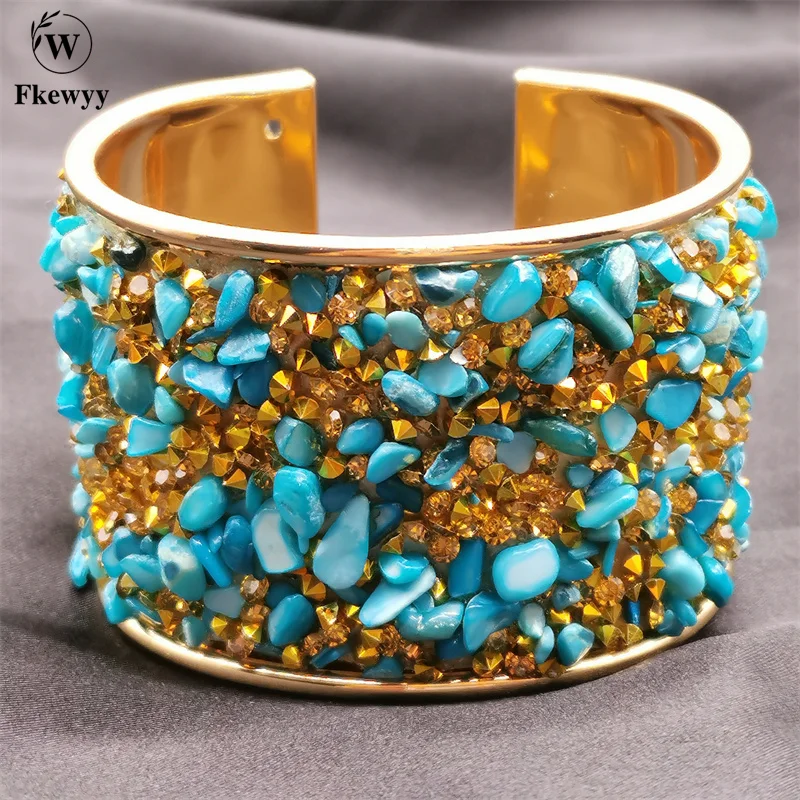 Fkewyy Designer Luxury Bracelet Woman Jewelry Bohemia Metal Blue Cuff Bracelets Rhinestone Natural Stone Accessories Charm Party | Украшения