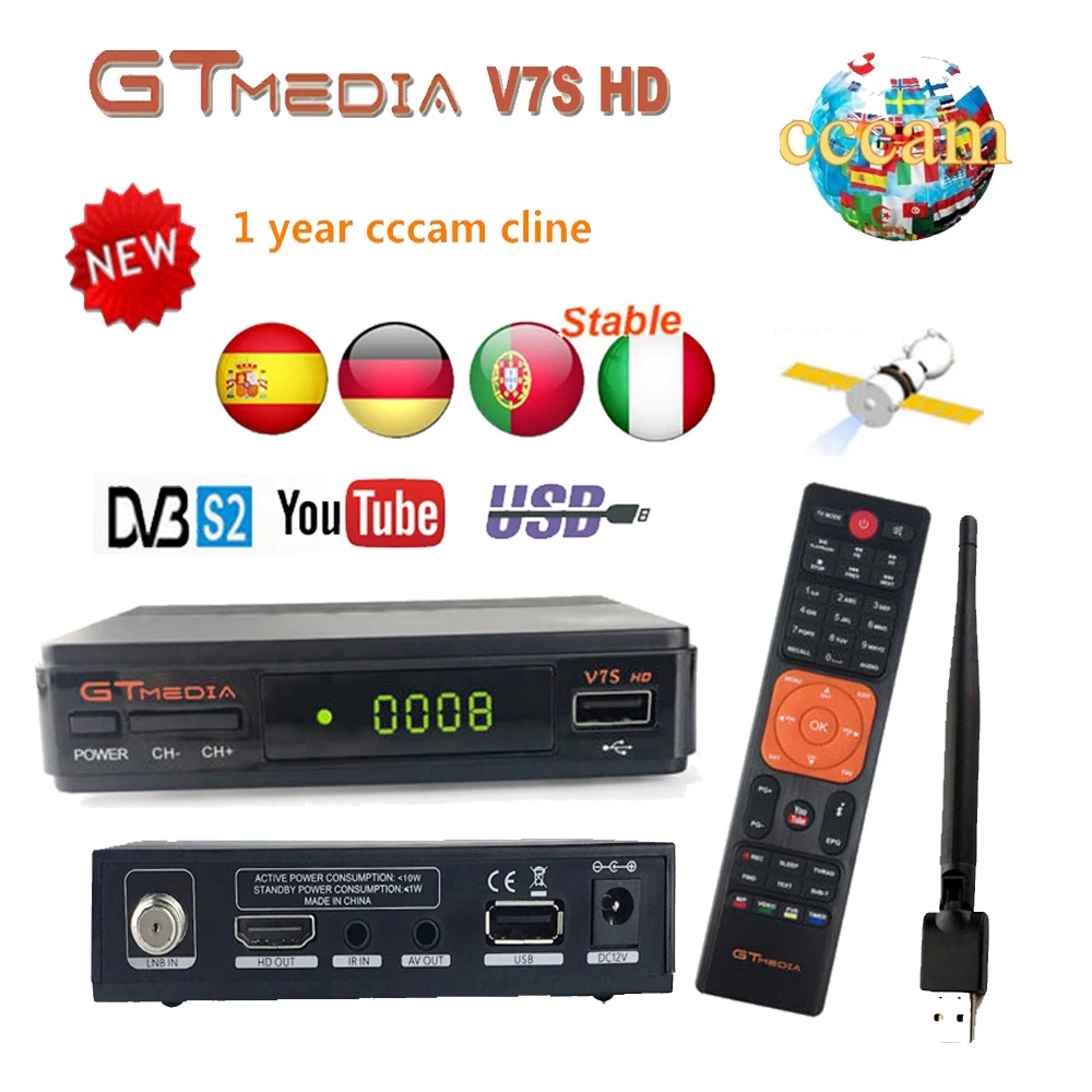 GT медиа V7S HD спутниковый ресивер DVB-S2 V7S Full HD USB 2,0 DC 12 В/1.2A Высокое качество Топ коробка+ Европа 7 cline cccam