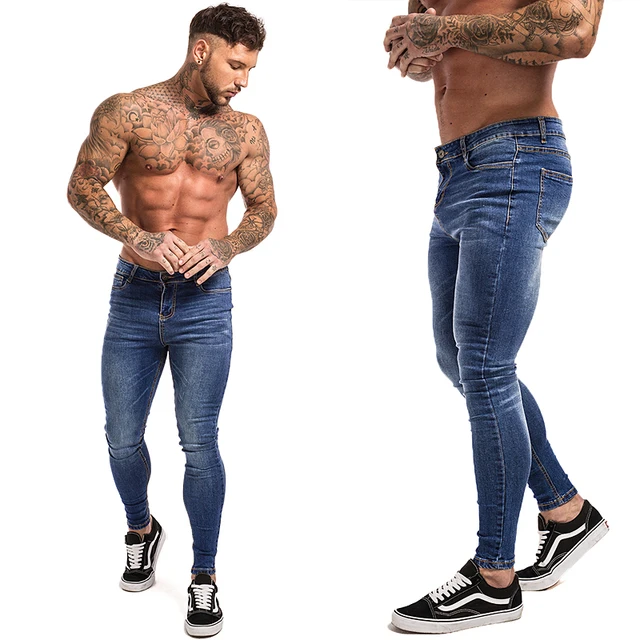 GINGTTO Jeans Men Elastic Waist Skinny Jeans Men 2020 Stretch Ripped Pants Streetwear Mens Denim Jeans Blue blue zm05