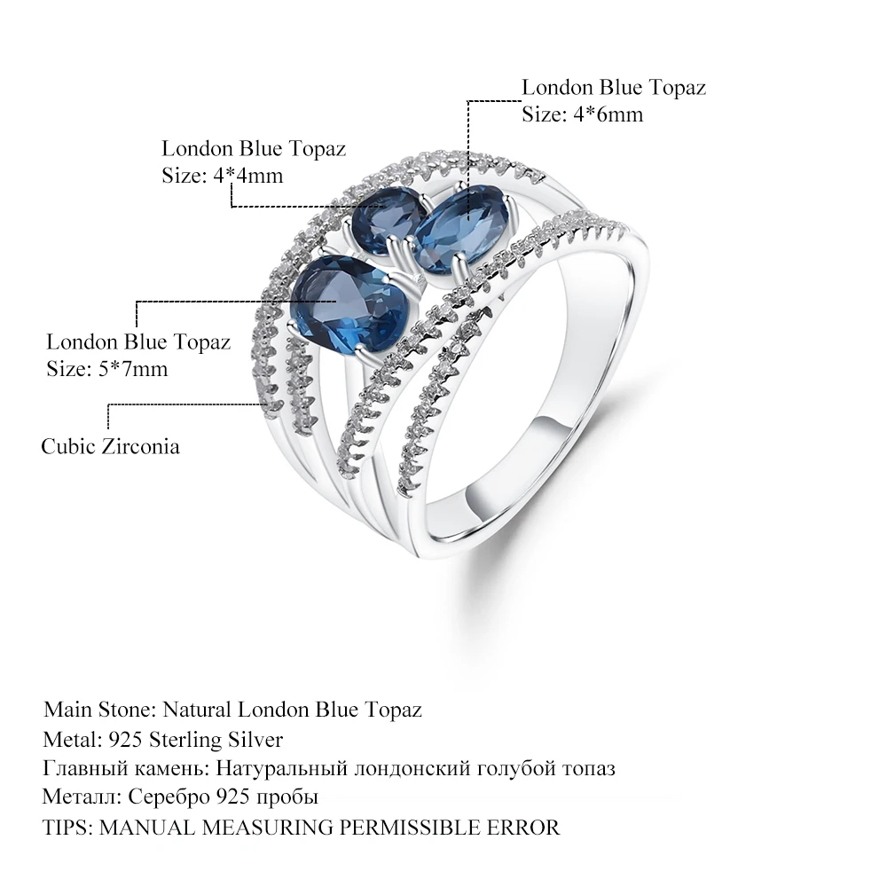 GEM'S BALLET 1.83Ct натуральный Лондон Голубой топаз драгоценный камень кольца 925 пробы серебряный камень палец кольцо для женщин хорошее ювелирное изделие