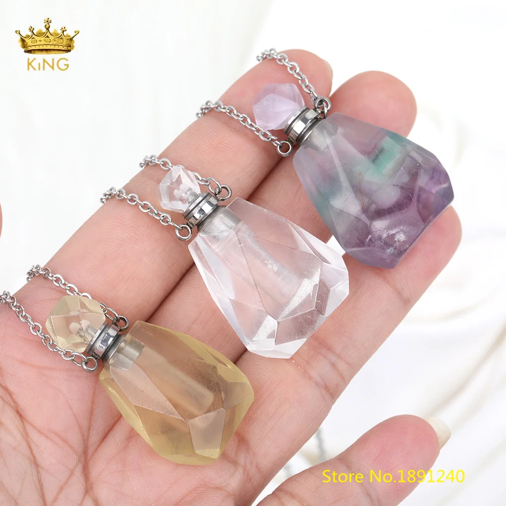 Natural Pink Quartz Perfume Bottle Silvery Chain Pendant Necklace Women Crystal Stone Essential Oil Bottle Jewelry SA-09KBCB