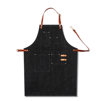 

Black Denim Chef Apron for Men for Barbeque Cooking with Towel Loops