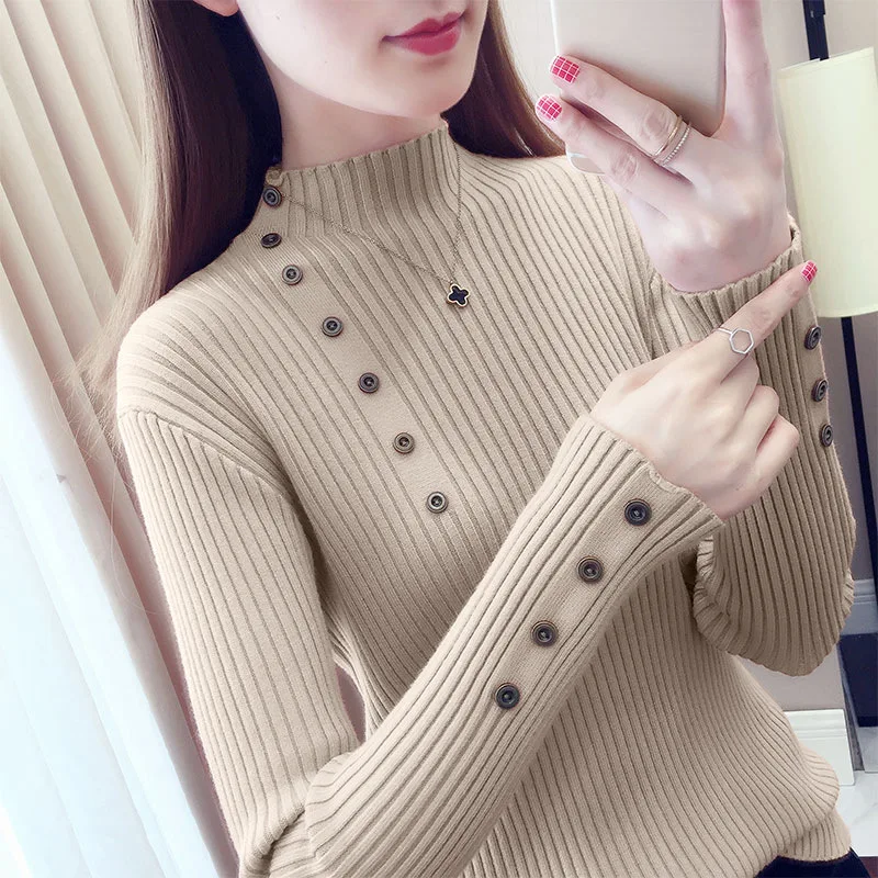 Sweater Women Women Sweater 2019 Turtleneck and Winter Slim Cuff Buttons Solid Color Warm Bottoming Sweater Ladies