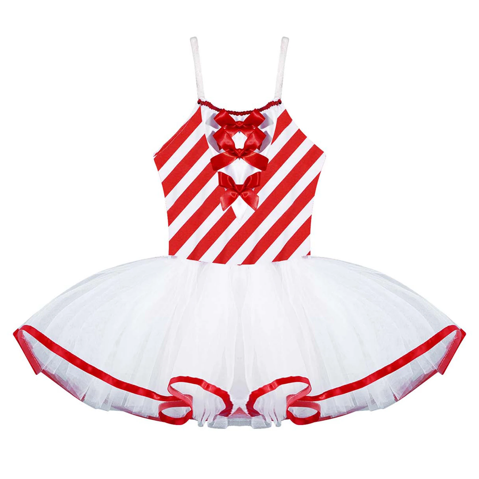 Kids Girls Christmas Ballet Tutu Dress Sleeveless Straps Stripes Gymnastics Ballet Leotard Dress For Stage Performance Dancewear