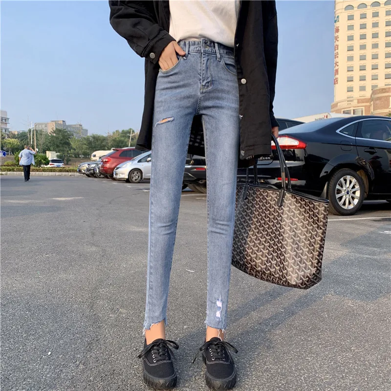 S-xl осенние корейские стильные эластичные рваные джинсы с высокой талией для женщин узкие джинсы брюки женские джинсовые брюки(Z8685