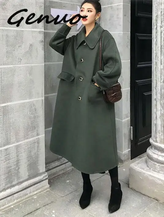 Genuo Новинка осень зима модное женское пальто длинное ветрозащитное черное шерстяное Пальто Повседневное свободное элегантное шерстяное пальто женское пальто