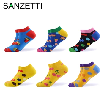 

SANZETTI 6 Pairs/Lot Cute Cotton Ankle Socks Women Summer Cool Fashion Dot Fruit French Fries Print Cozy Boat Low Cut Socks