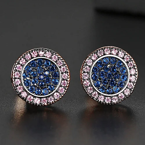 JINSE Punk Blue Cubic Zirconia Men's Stud Earrings Round Geometric Multicolor Charm CZ Stone Iced Earrings Hip Hop Jewelry Gift Colorful