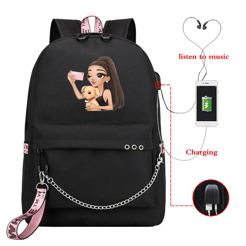 Ariana Grande, школьная сумка для подростков, Сумка с usb-кабелем, женский рюкзак, рюкзаки для ноутбука, рюкзак для девочек, школьная сумка Mochila, Прямая поставка