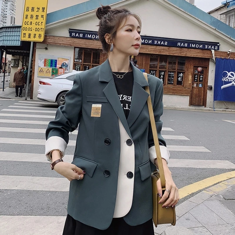 

New Spring Female Notched Collar Long-sleeved Single Breasted Jacket Coat Ladies Patchwork Green Minimalist Office Blazer Outer