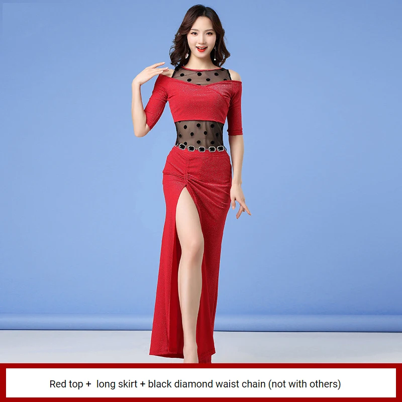 Red top skirt belt Женское Сетчатое платье для латинских танцев, одежда для занятий танцами живота на осень и зиму, длинная юбка с волнистым разрезом в горошек для танцев, бальных танцев, танго, сальсы - Цвет: Red top skirt belt