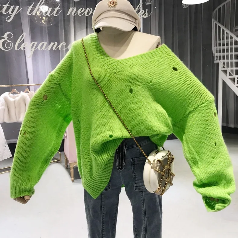 Женский трикотажный свитер с длинным рукавом и V-образным вырезом | Женская