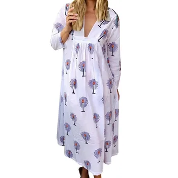 

Autumn 2020 Women Nightgowns V-Neck Long Sleeve Mid-Calf Sleeping Dress White Pink Yellow Light Blue Sleepwear Women